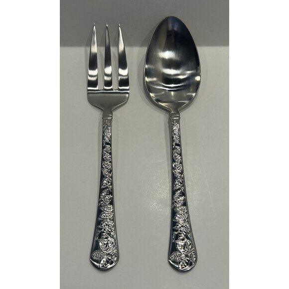 Yamazaki Gear TAPESTRY BOUQUET Serving Spoon and Fork Set  Preowned Nice! - Picture 1 of 11